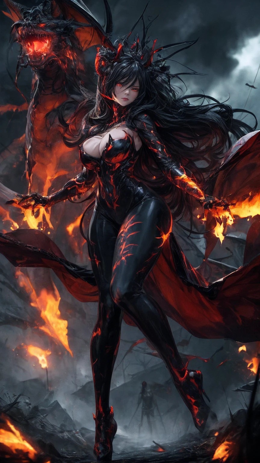 Storyboard, masterpiece, highest quality, dragonlady queen, perfect demoness, long legs, hourglass figure, curvy hips, busty, bright red glowing eyes, detailed eyes (1.4), scars on face, villainous expression, flaming skin body with bioluminescent glowing pattern, ready for battle, blurred stormy background, dark atmosphere, lighting in background,full body,