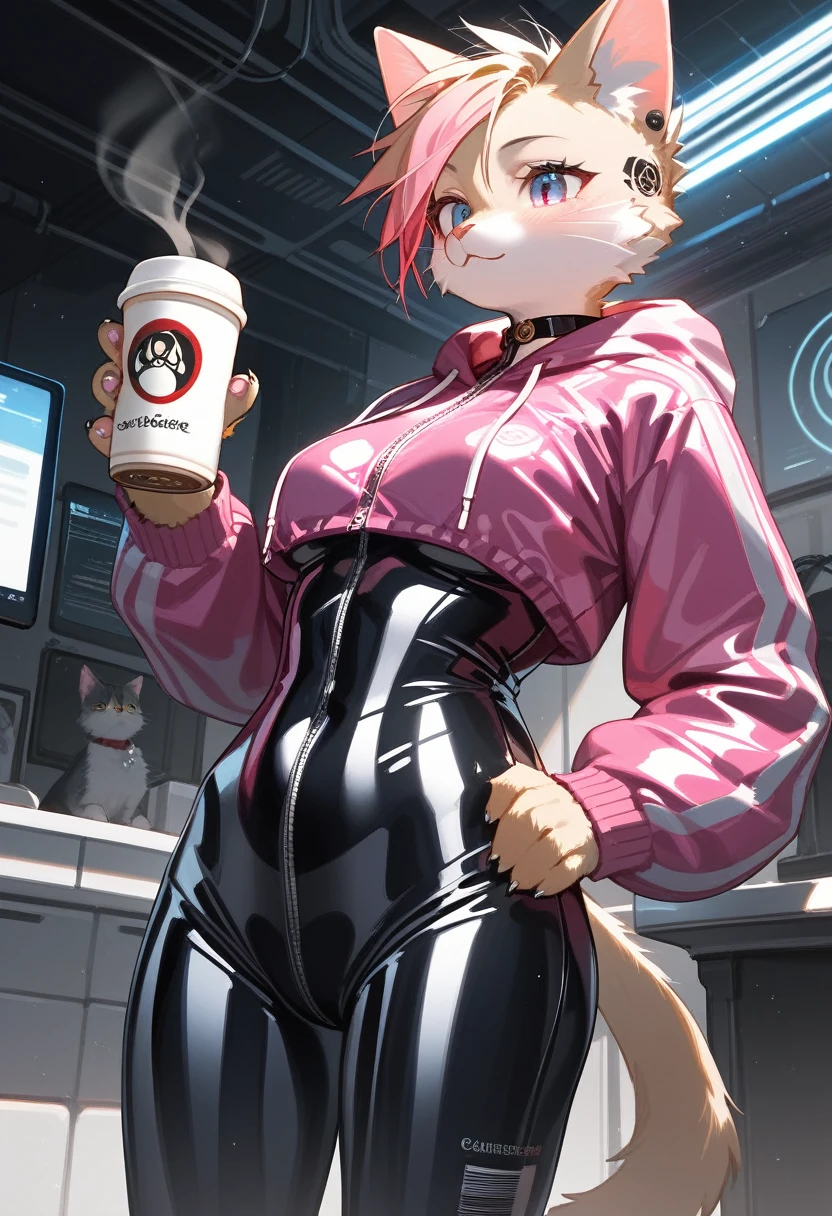 Highest quality, Highest quality, High quality illustrations, masterpiece, Ultra-high resolution, Detailed Background, room, Absurd, Perfect Anatomy, performance, Good lighting, Shadows in the movies(kemono, Furry PersonifiCation), Cat, Rubber Suit, latex, neon, neonライト, neonカラー, Bodysuits, Cyber Suit, cyber punk, Pink Rubber Hoodie, Drinking canned coffee, Earrings, Tattoo, Dynamic Angle