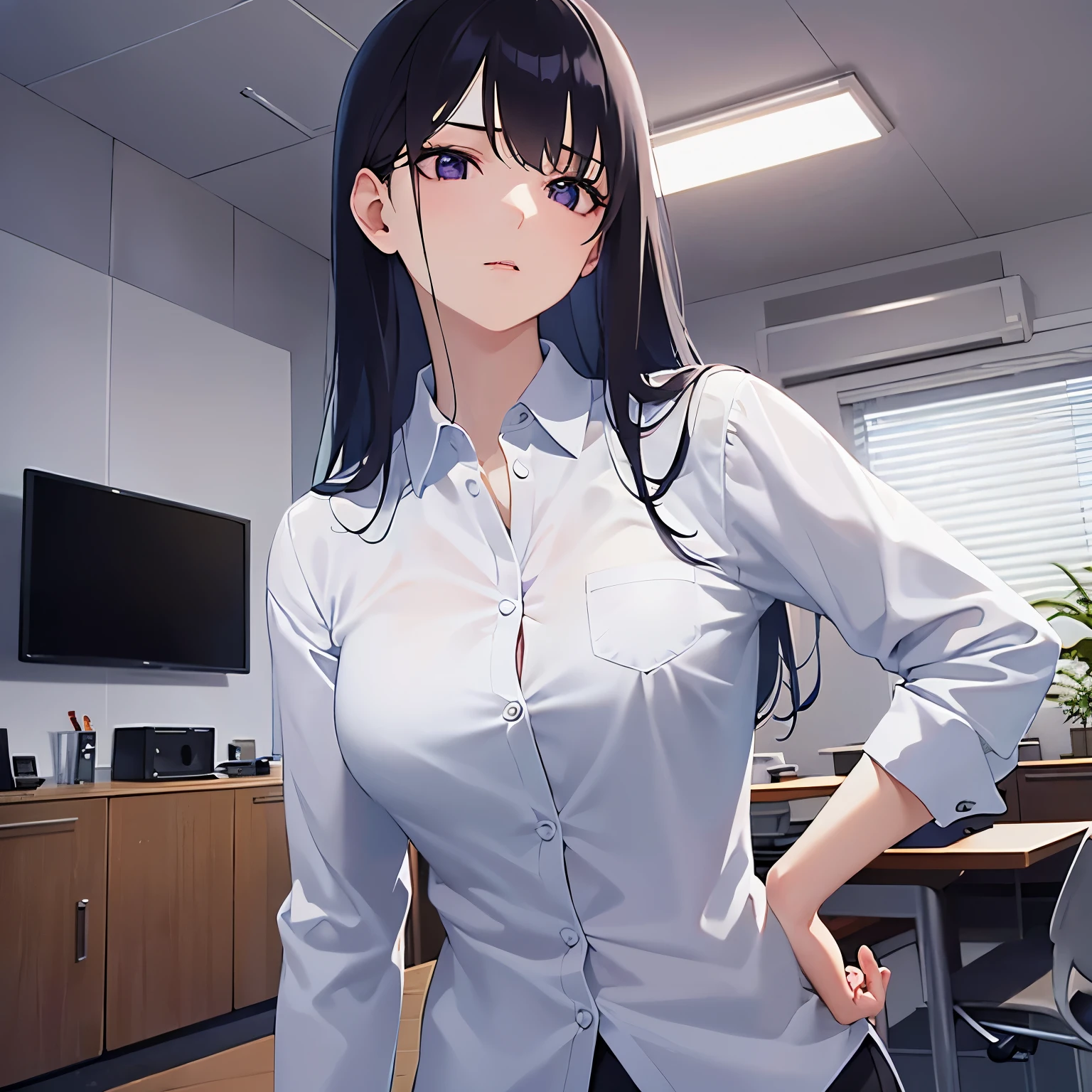 side ungle,Upper Body,(looking away:1.5)、 Realistic, real person, (pale skin: 1.2), RAW photo, photorealistic, shiny skin, shiny hair、(A 25-year-old woman with straight hair and bangs) and (medium hair) and (black hair) and (purple eyes) , (Wearing a business suit:1.5) and (Wearing a white collared shirt)、Serious, Background is an office room、Alone、Are standing、