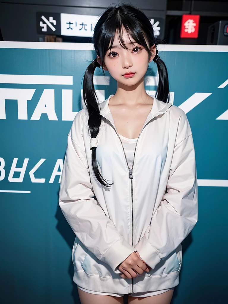 40-year-old Japanese woman、Black Hair、Hair is very short、Twin tails、Hatsune Miku Costume、Headphones、Flat Chest、Realistic photos、Realistic、8K quality、expensive、No bangs、Photo book cover、High resolution, Highest quality, Anatomically correct, Winner of numerous awards, Ultra high definition,