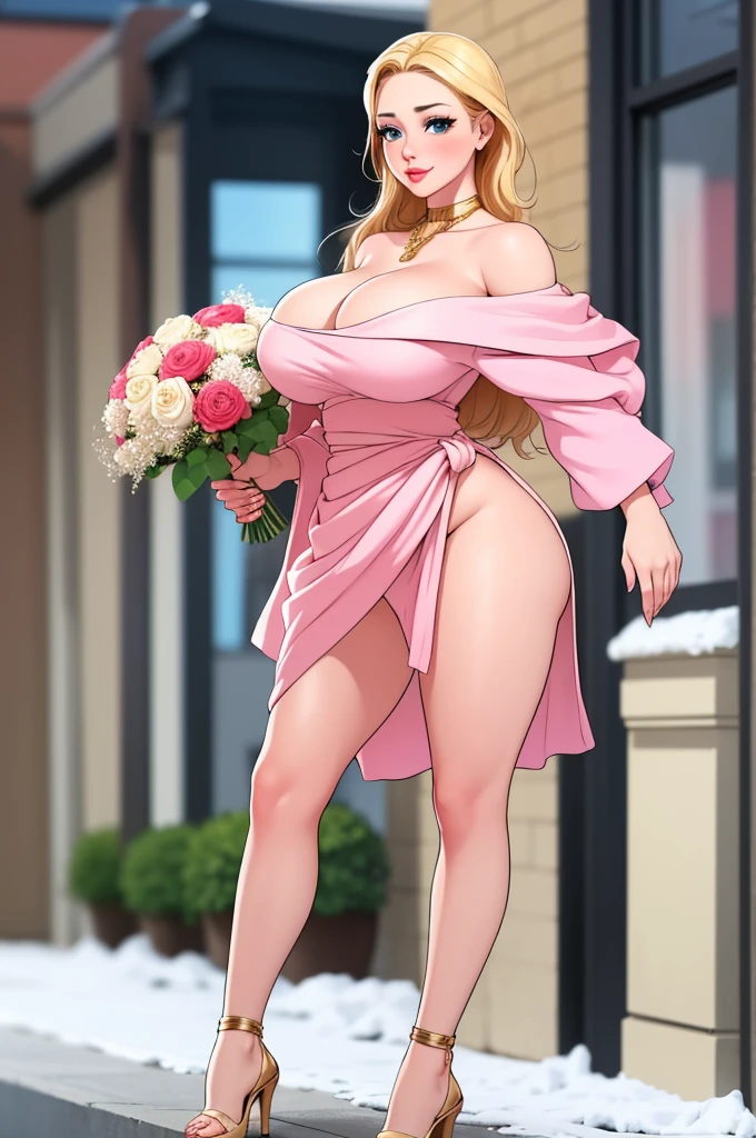 An extremely beautiful stunning woman with a perfect busty body, gold blonde long silky hair, big blue eyes, extremely super bright snow white fair stunning flawless glowing lush shiny flawless white skin, a perfect tight hourglass figure, and a skinny waist, sexy thick smooth luscious legs and thighs, extremely cute smile on the face, bright pink blushes on cheeks, wearing a short tight revealing white floral dress along, a pink sash around the waist and a brown off-shoulder sweater, yellow heels, gold necklace on the neck, gold anklets on feet, gold chain on the waist, standing straight, holding a red roses bouquet, street in the background, show full body from head to feet.