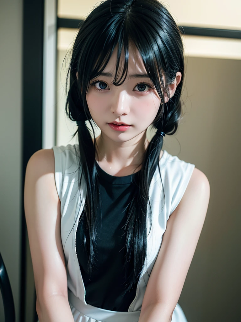 40-year-old Japanese woman、Black Hair、Hair is very short、Twin tails、Hatsune Miku Costume、Headphones、Flat Chest、Realistic photos、Realistic、8K quality、expensive、No bangs、Photo book cover、High resolution, Highest quality, Anatomically correct, Winner of numerous awards, Ultra high definition,