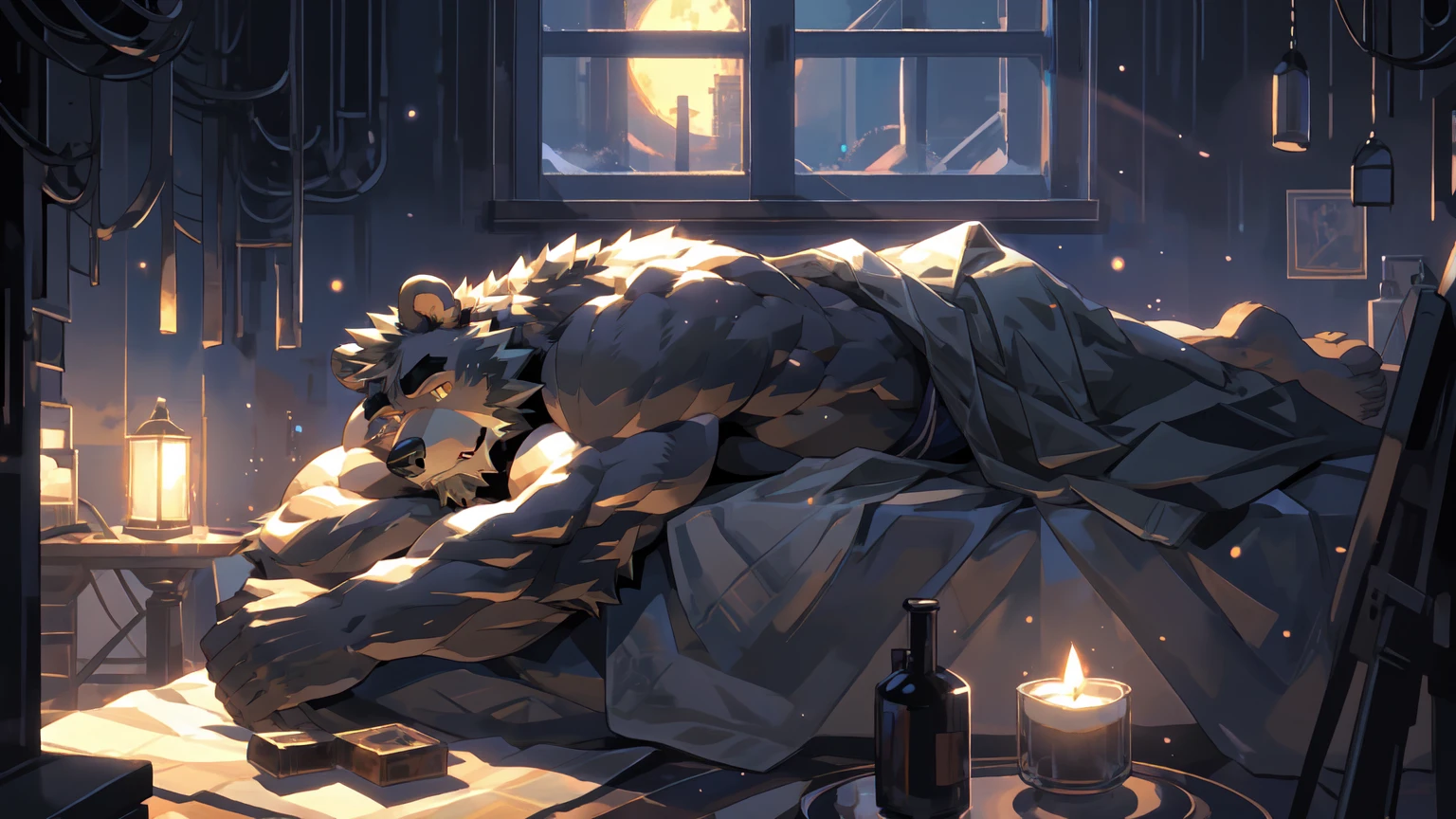 (masterpiece:1.2), best quality,pixiv,official art,perfect anatomy, (Ray tracing, light),solo, (1_male:1.3) , (muscle), (grey fur:1.4), (muscle bear), (beard:1.2), (gleaming golden eyes), bear tail, Thick black eyebrows, (clothesless :1.2), underwear, barefoot , big window, moonlight, night view, indoor, sleeping on bed, cover blanket, close eyes