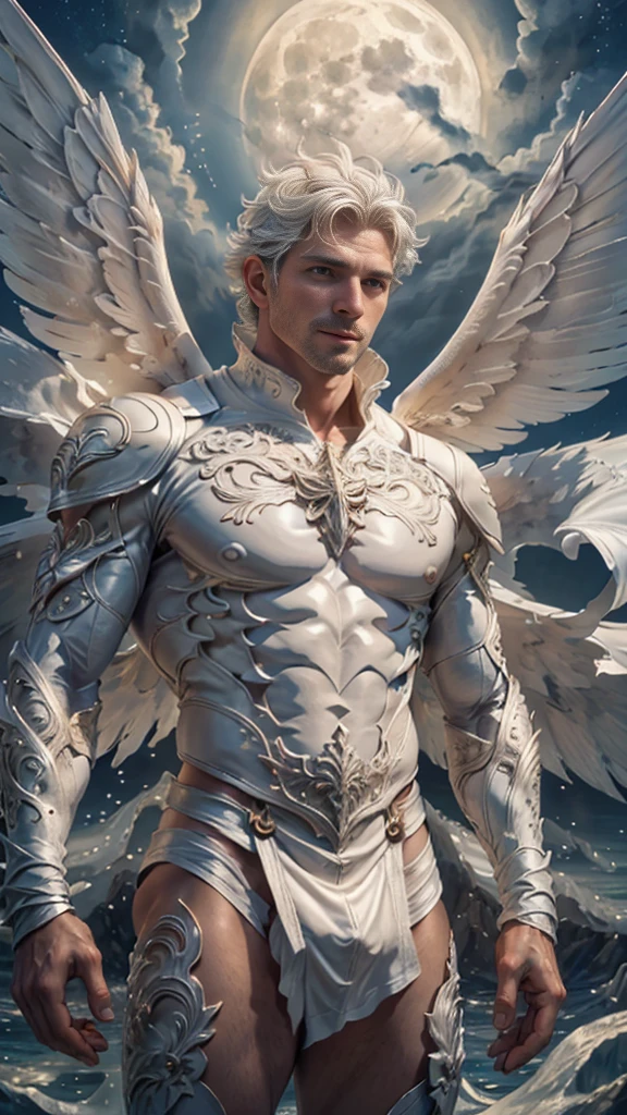a male 35 year old angel, white leather clothes, no shirt, with thousand majestic wings, with a full moon in the background, sea god, divine art, massive size, fly above the sky,beautiful detailed face, ultra definition, best quality, 32k ultra, ultra HD
