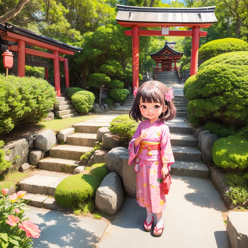 photoRealstic、Japan shrine in the background、３Year old girl、Wearing a kimono to celebrate Shichi-Go-San、Traditional events of Japan、Smile, kawaii pose 、 ultradetailed eyes、Full Paint、Floral hair ornament、butterfly hair ornament、on my right hand, I have a bag of Chitose candy、Strong bokeh、Flowers in the foreground