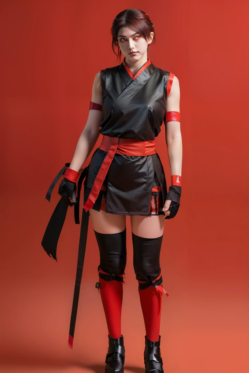 (tall:2),(masterpiece:1.2),(best quality:1.2),(full body:2), (1girl:2), (standing:2), (pupple short kimono:1.2),(black short hair:1.2),(bracer:2), (beauty face:2), (gloves:1.2), (brown thighhighs:2), (simple background:2),(knees together:2),(ninja:2),(red sash:2),(22 age girl:2),(big beautiful red eyes:2)