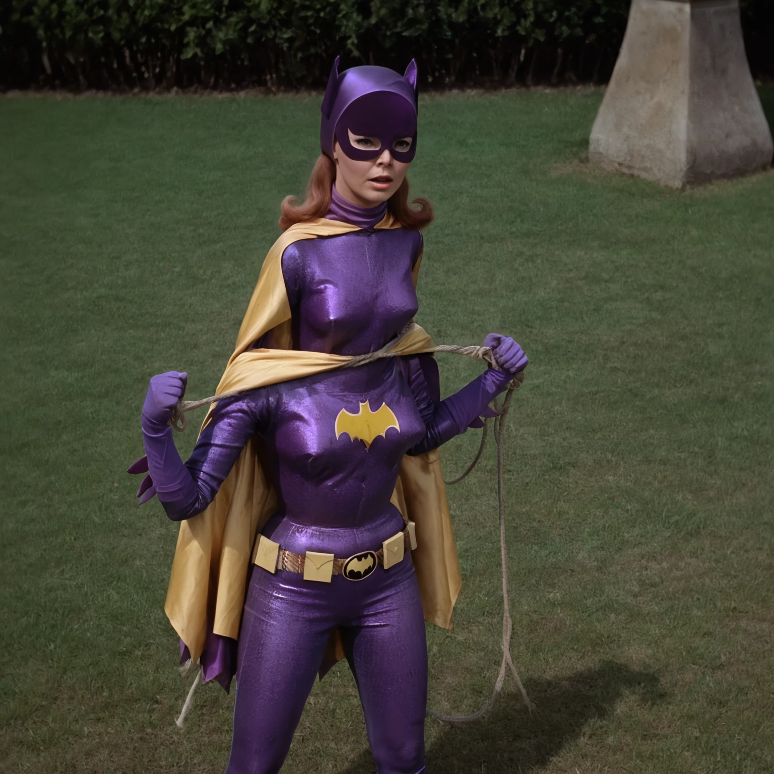 yvonne craig woman, standing facing camera, shrugged shoulders, her body is tied by a rope which contracts and squeeze her body, she cant move while she is squeezed by the rope, she is in pain , 60's style, analog film, on grass, film grain
