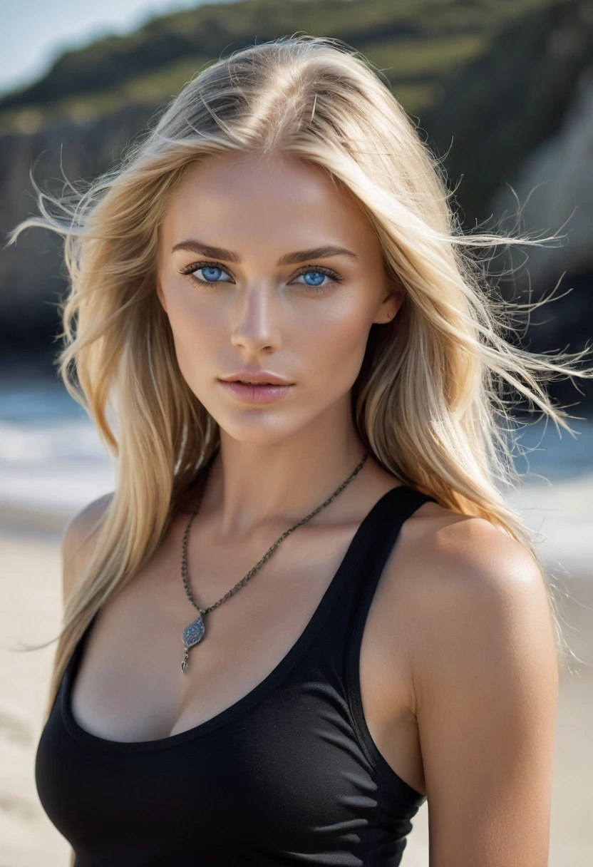 Portrait of a stunning woman with piercing grey blue eyes and long flowing blonde hair, wearing black tank-top, realistic, intricate details in the clothing and facial features, on the beach, natural lighting to enhance the depth and realism of the image