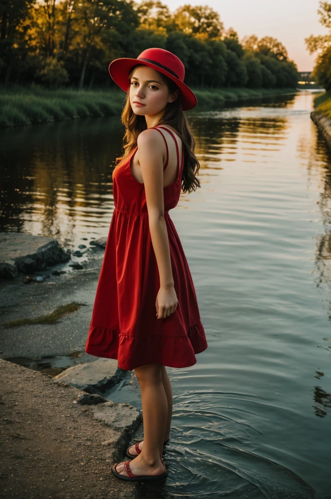1 girl, masterpiece, Best Quality, niko, yellow eyes, person, , has, Red dress, For the blue, Session, night sky, , river, by the wide,strawberry hat