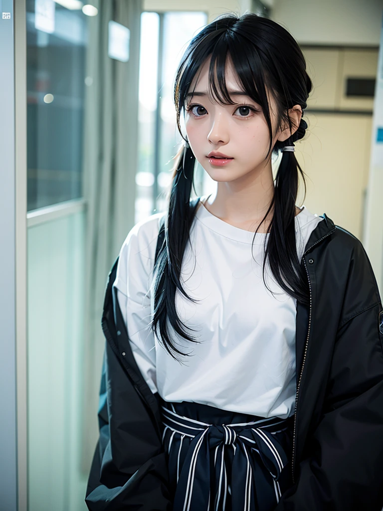 40-year-old Japanese woman、Black Hair、Hair is very short、Twin tails、Hatsune Miku Costume、Headphones、Flat Chest、Realistic photos、Realistic、8K quality、expensive、No bangs、Photo book cover、High resolution, Highest quality, Anatomically correct, Winner of numerous awards, Ultra high definition, 「Hatsune Ako」Character