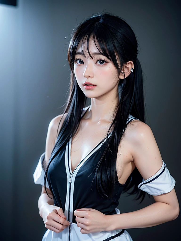 40-year-old Japanese woman、Black Hair、Hair is very short、Twin tails、Hatsune Miku Costume、Headphones、Flat Chest、Realistic photos、Realistic、8K quality、expensive、No bangs、Photo book cover、High resolution, Highest quality, Anatomically correct, Winner of numerous awards, Ultra high definition, 「Hatsune Ako」Character