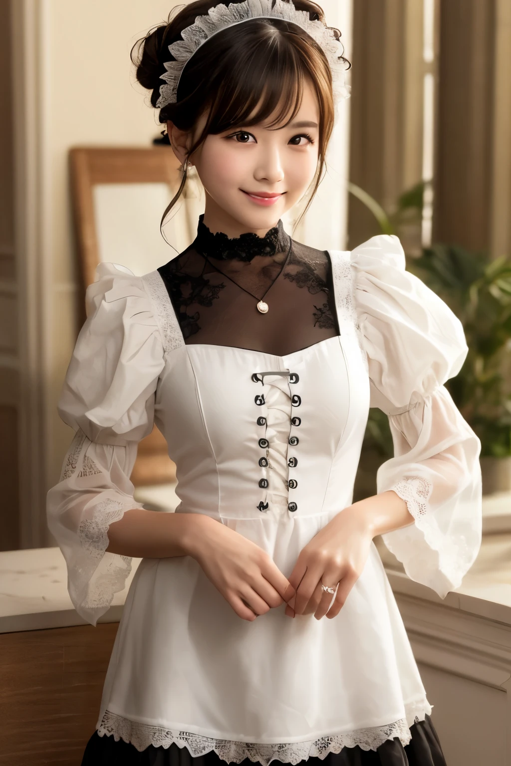 A young female character is standing indoors wearing a classic French maid outfit、It has a warm lighting。She has straight, shoulder-length brown hair with bangs.。The black dress has white ruffled sleeves and a deep neckline.、Lace-up detail on the bodice。moreover、Also wearing a white apron。She wears a white ruffled maid headband and、She wears a black lace choker with a small pendant。Her expression is calm and she is smiling slightly.、The eyes are a soft brown。Lighting is warm、Create a cozy atmosphere、It casts soft shadows that accentuate the facial features and costume details.。Marble columns in the background、At the wall、The focus is on the characters and their costumes。