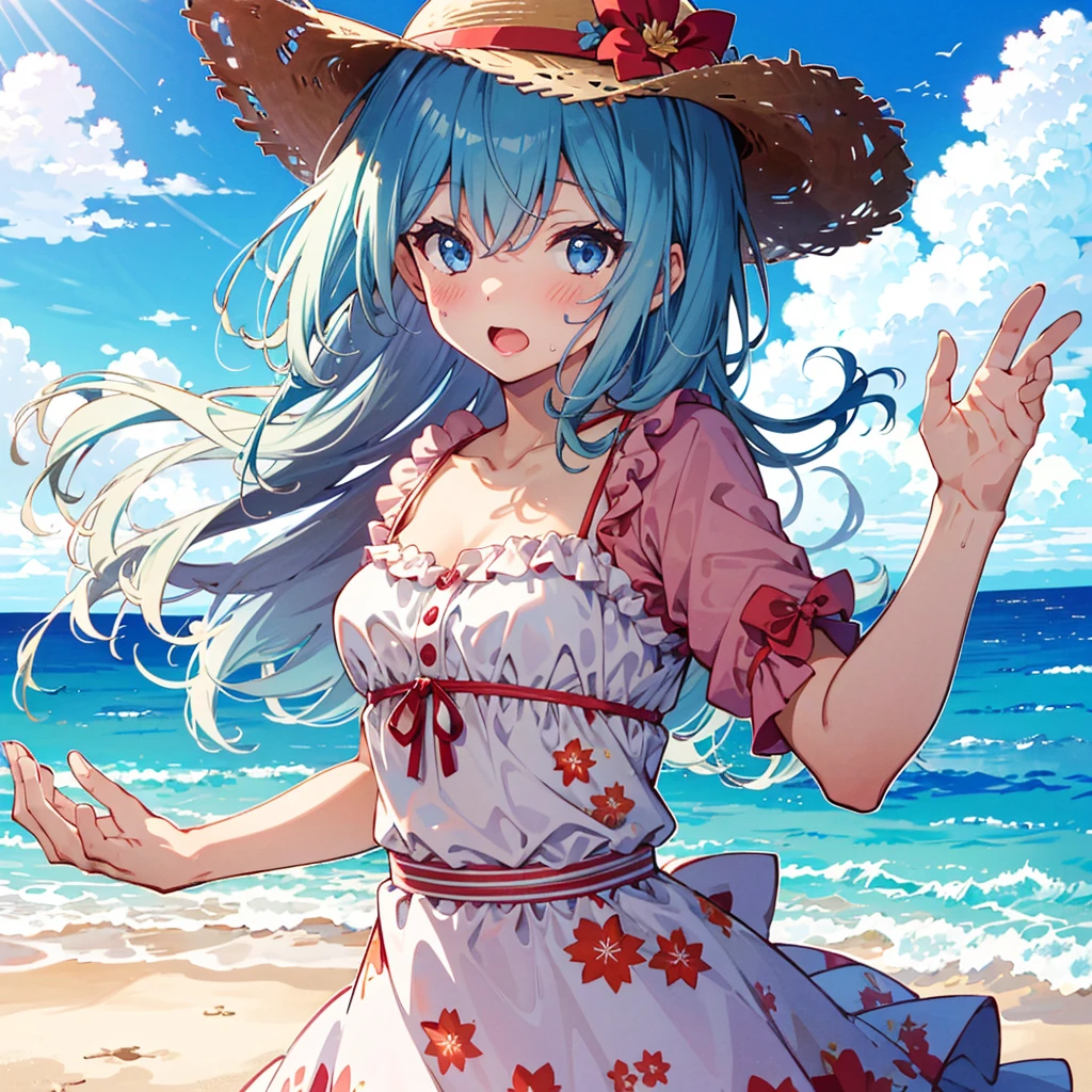 Absurd, Masterpiece, Best Quality, (Super Detailed), (Nice Hands, Perfect Hands), Ideal Proportions of the Body, BREAK (Vector Outline, Flat Color: 1.3), ((1girl)), Solo , stand, (raised hand) ), from the side, upper body close-up, big breasts, from below, on the sandy beach, blue sky, wind, rim light, sunlight, beautiful lighting, BREAK cute girl, 7 years old, (young: 1.8), fine blue eyes , (Eye highlights), Silver medium bob hair: 1.2), Medium breasts, Surprised, Wide open mouth, (Full blush), Sweat, Floating hair, BREAK (wearing floral sundress), (Floating skirt) , No panties: 1.3), Straw hat, Erotic position,