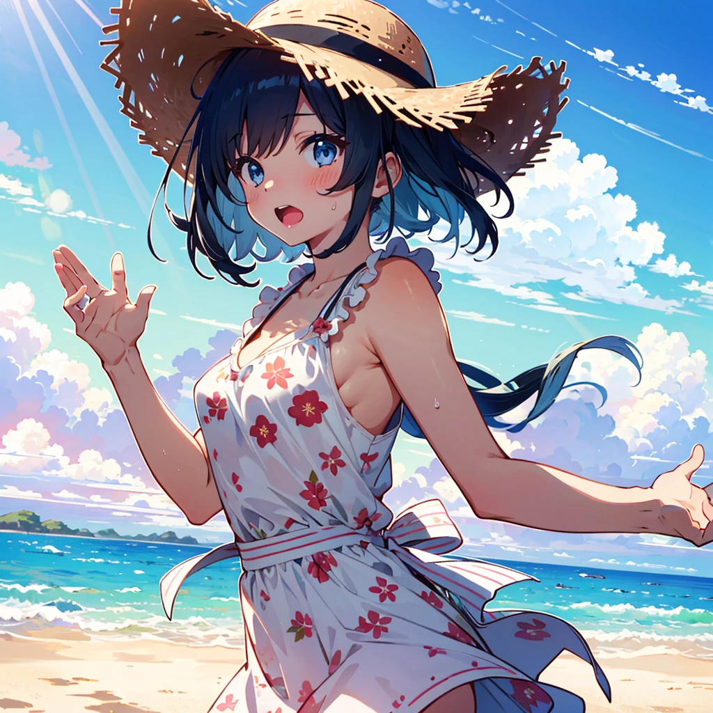 Absurd, Masterpiece, Best Quality, (Super Detailed), (Nice Hands, Perfect Hands), Ideal Proportions of the Body, BREAK (Vector Outline, Flat Color: 1.3), ((1girl)), Solo , stand, (raised hand) ), from the side, upper body close-up, big breasts, from below, on the sandy beach, blue sky, wind, rim light, sunlight, beautiful lighting, BREAK cute girl, 7 years old, (young: 1.8), fine blue eyes , (Eye highlights), Silver medium bob hair: 1.2), Medium breasts, Surprised, Wide open mouth, (Full blush), Sweat, Floating hair, BREAK (wearing floral sundress), (Floating skirt) , No panties: 1.3), Straw hat, Erotic position,