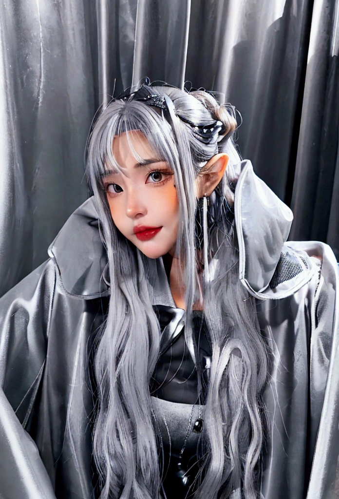 there is a woman with a orange coat, wearing silver hair, grey hair, silver hair, cloudy grey hair, with short hair, some grey hair, short grey hair, silver color, girl silver hair, ash blond greyish hair, girl with short white hair, flowy white grey hair, going gray, chrome bob haircut