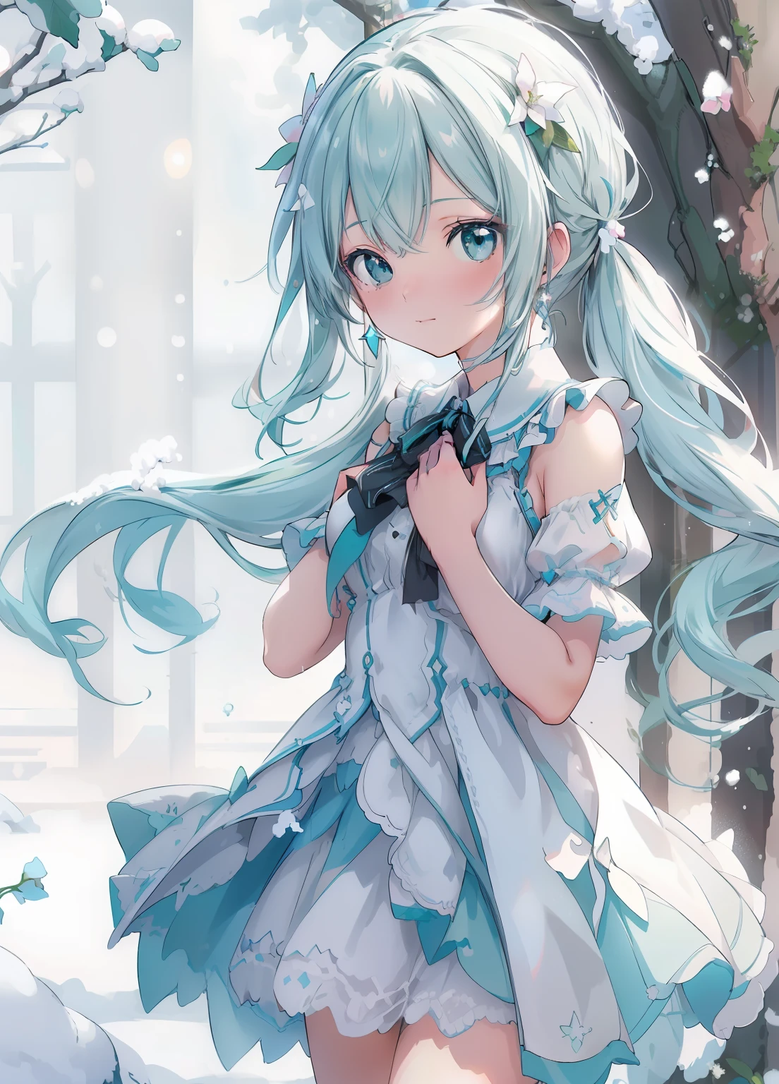 (masterpiece、Highest quality、Highest quality、Official Art、Beautiful and beautiful:1.2)、(1人のgirl:1.3)Hatsune Miku、Twin tails,Beautiful breasts,Perfect functionality, (masterpiece), (Highest quality), Moisturized Skin, Shine肌, (Good quality), Detailed explanation, Earrings, Ray Tracing, (See through), (Bokeh), (Depth Field), girl, white and green hair. Midnight, flowering, Ambient Occlusion, Shine, Shine, Particles of light, transparent, 半transparent, Depth of written boundary, snow, Wind