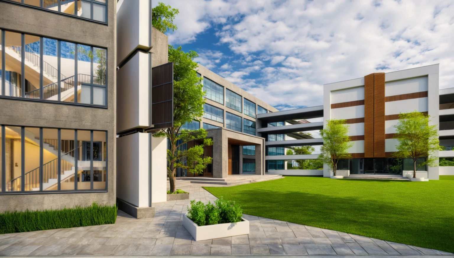 there is a courtyard with a planter and a building in the background, architecture render, architectural render, architectural 3 d render, architectural visualization, low angle dimetric rendering, rendered in lumion pro, render in vray, highly detailed render, lumion render, high detail render, architectural visualisation, fully detailed render, rendered in lumion, 3 d finalrender