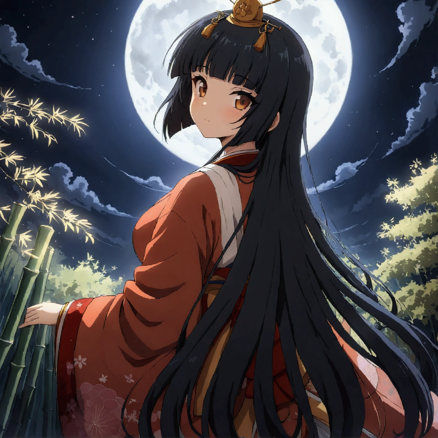 sli artstyle, The World of Kaguyahime, (A girl looking fleetingly at the full moon in the distance:1.3), hinamatsuri ohinasama, (heian red:1.1) japanese clothes, wide sleeves, red (karaginumo:1.1), layered kimono, 1girl solo, beautiful detailed hair, black hair (hime cut:1.2) very long hair spread out, (masterpiece:1.2), best quality, high quality, ultra high res, hyper detailed, absurdres, absolutely resolution, detailed details, (ultra wide angle:1.1), moonlight, starry sky, (bamboo thicket:1.1), (back view, standing), beautifully, aesthetic,