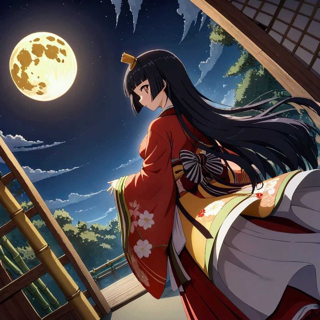 sli artstyle, The World of Kaguyahime, (A girl looking fleetingly at the full moon in the distance:1.3), hinamatsuri ohinasama, (heian red:1.1) japanese clothes, wide sleeves, red (karaginumo:1.1), layered kimono, 1girl solo, beautiful detailed hair, black hair (hime cut:1.2) very long hair spread out, (masterpiece:1.2), best quality, high quality, ultra high res, hyper detailed, absurdres, absolutely resolution, detailed details, (ultra wide angle:1.1), moonlight, starry sky, (bamboo thicket:1.1), (back view, standing), beautifully, aesthetic,