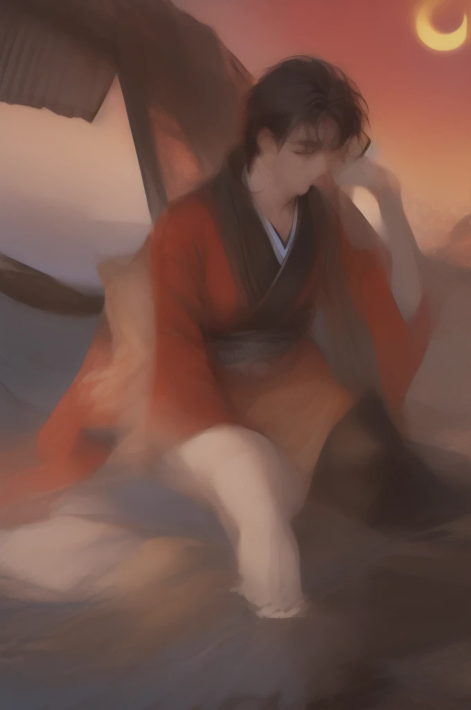 masterpiece, detailed, ultra detailed, male, samurai, happy, smiling, sitting on the floor, looking away, semi long, messy hair, black hair, brown eyes, tareme, pale skin, tall, skinny, kimono, glasses, holding fishing rod, 40-year-old, japanese, in the ocean, with a crescent moon, at dusk, full body shot, Dark_Red