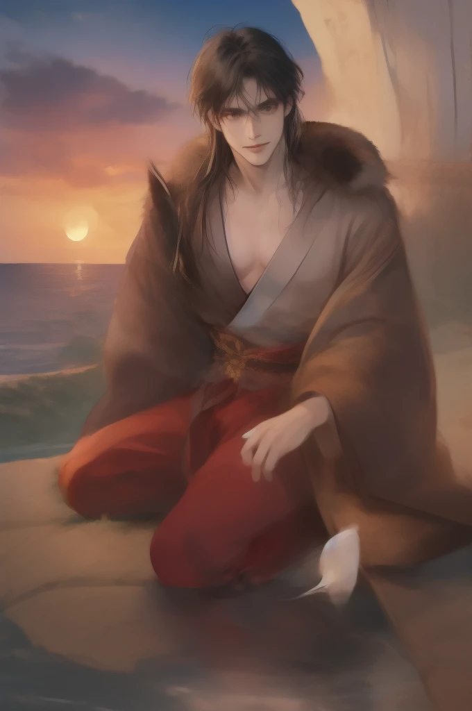 masterpiece, detailed, ultra detailed, male, samurai, happy, smiling, sitting on the floor, looking away, semi long, messy hair, black hair, brown eyes, tareme, pale skin, tall, skinny, kimono, glasses, holding fishing rod, 40-year-old, japanese, in the ocean, with a crescent moon, at dusk, full body shot, Dark_Red