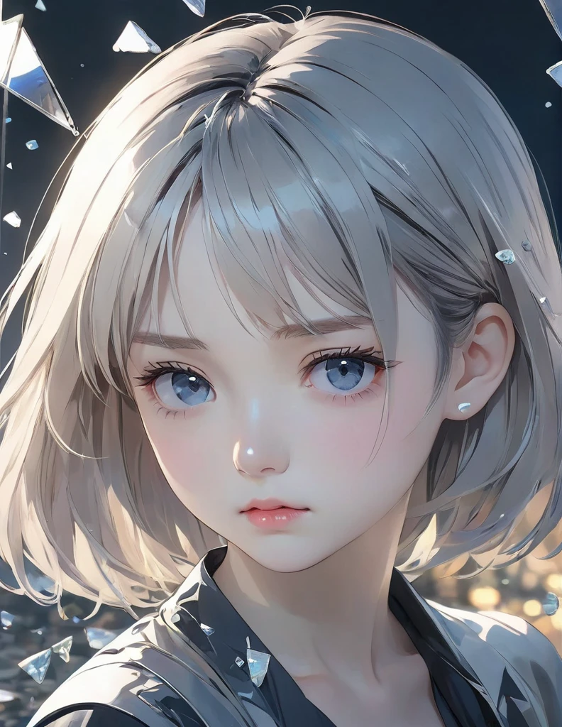 (anime style:1.4),Soft pictorial touches、超High resolution, Attention to detail, high quality, High resolution, 最high quality, 4K, 8K,posters、artwork、Works by famous artists、Stylish and cool piece、Girl reflected in broken glass、Picture from the front,Put your right hand on your cheek、Sad expression、Semi-long hair、Cute Girls、biond