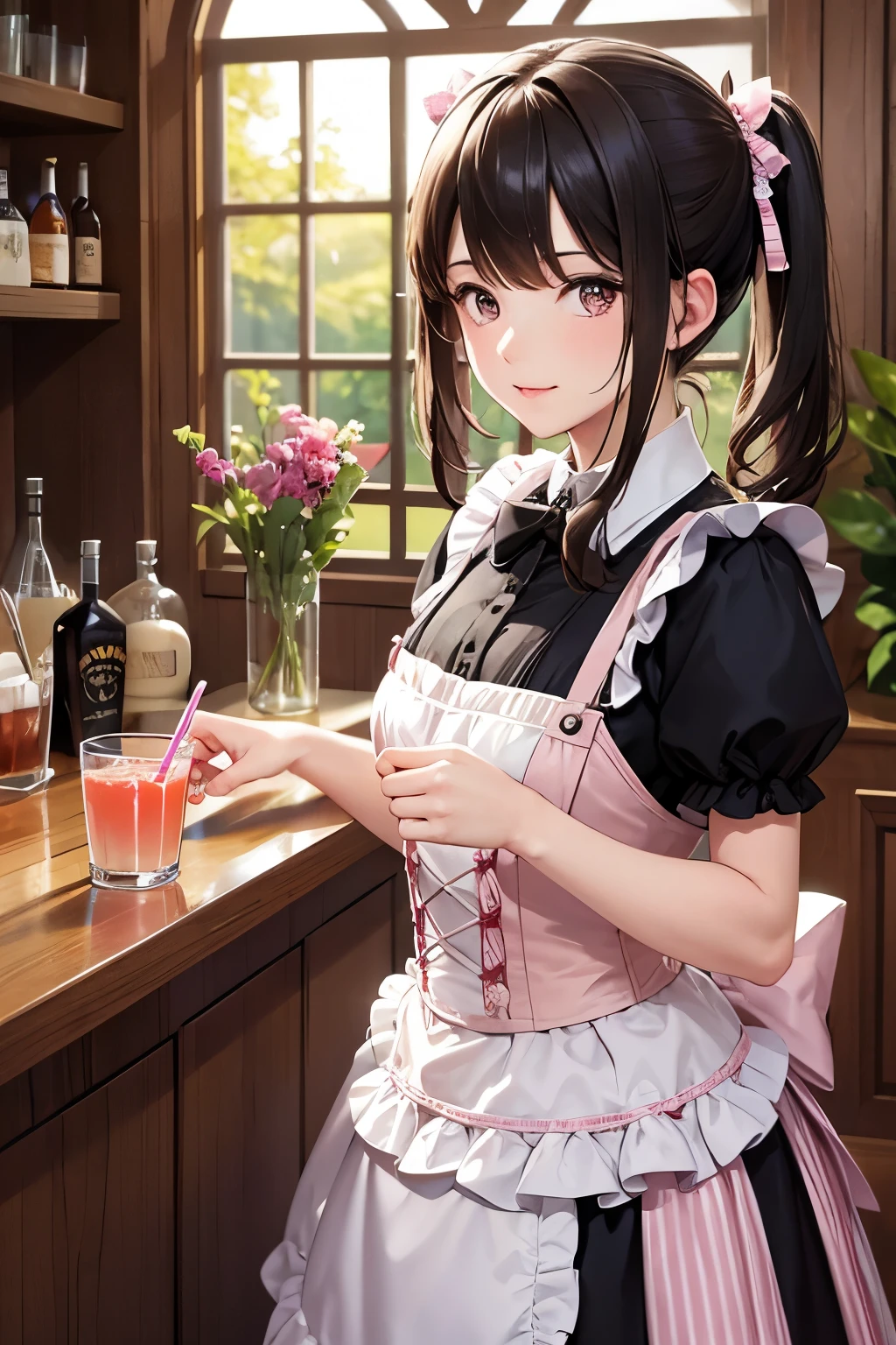 A character with brown hair in short pigtails and pink eyes is wearing a maid uniform with a black corset and white frills. The character is standing behind a bar counter holding a pink drink. Desserts and a blender are visible in the background. The setting is a cafe atmosphere, with sunlight streaming in through the window and lanterns hanging, creating a warm and cozy setting.