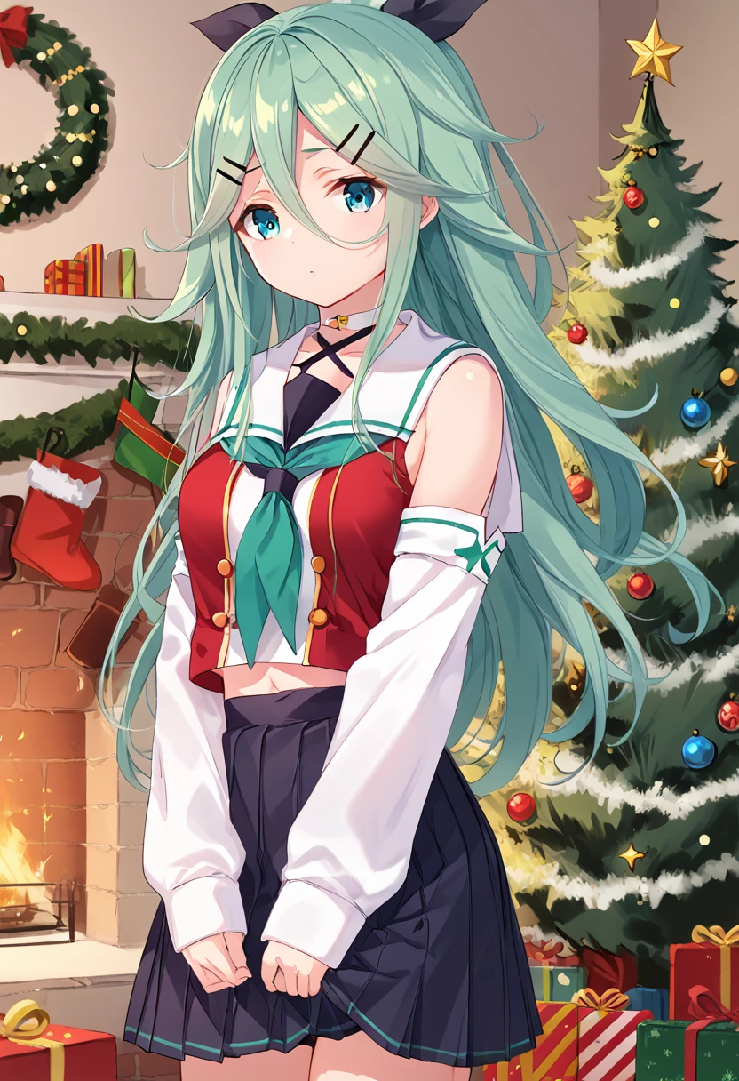score_9,score_8_up,score_7_up,source_anime,cowboy shot,Idealized Forms,Natural Light,details background,blurry background,extremely detailed,1girl,{yamakaze_kantaicollection:1.15},green_hair,hair_between_eyes,long_hair,hair_ornament,hairclip,hair_ribbon, ponytail,green_eyes,blue_eyes,bangs,
ribbon black_ribbon,serafuku,school_uniform,detached_sleeves,neckerchief,blue_neckerchief,black_serafuku,choker,sidelocks,Illumination,Star Ornament,Christmas Tree,yamakaze is decorating the Christmas tree