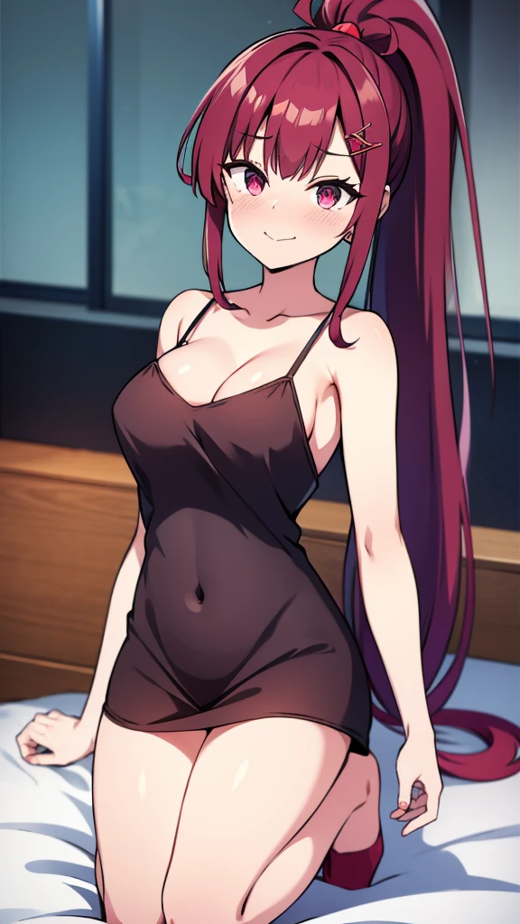 High tail hairstyle, Ponytail hairstyle, Long wavy black hair, standing posing, anime girl style, pixel art anime style,penetrating look with deep eyes,red and purple eyes, hair with a ponytail hairstyle trapped with a big red bun, women, red hair clips, x color shaped hair clips , smiling face blush, next to his bed, lingerie, tank top, Black hair, big thighs,minidress