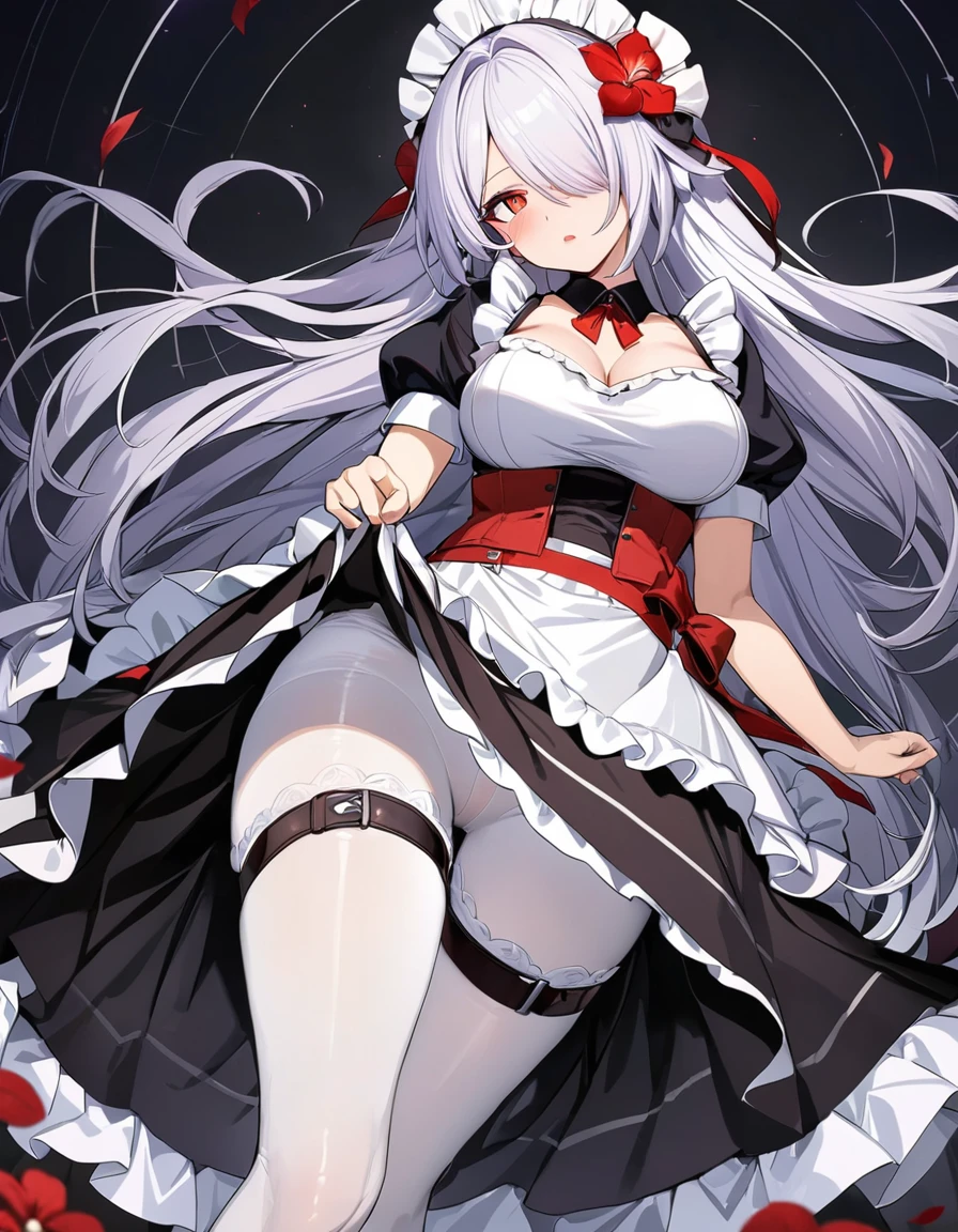 (masterpiece, Top quality, best quality, Official Art, beautiful and aesthetic:1.2),(8K, best quality, masterpiece:1.2), (((masterpiece))),(((best quality))),(((Extremely detailed))),illustration, WHO, (masterpiece, Top quality, best quality, Official Art, beautiful and aesthetic:1.2),(8K, best quality, masterpiece:1.2), masterpiece, best quality, illustration, high resolution, Extremely detailed, 1 Girl, Huangquan \(Collapse: Star Trails\), 1 Girl, breast, Solitary, Pantyhose, cleveage, Long hair, maid, Hair covering one eye, whole body, flower, maid headskirt, apron, High heel, skirt, Hair accessories, large breast, white Pantyhose, Red Eyes, Black footwear, Ruffles, Lift on your own, Short sleeve, hair flower, White background, Clothes lift, Alternative clothing, Simple background, black skirt, Puff sleeves, Looking at the audience, White hair, blush, Shut up, skirt lift, white apron, red flower, Thigh straps, maid apron, permanent, puffy Short sleeve, enmaided, 头发flower白, very Long hair, frilled apron, frilled skirt, Red belt, bow