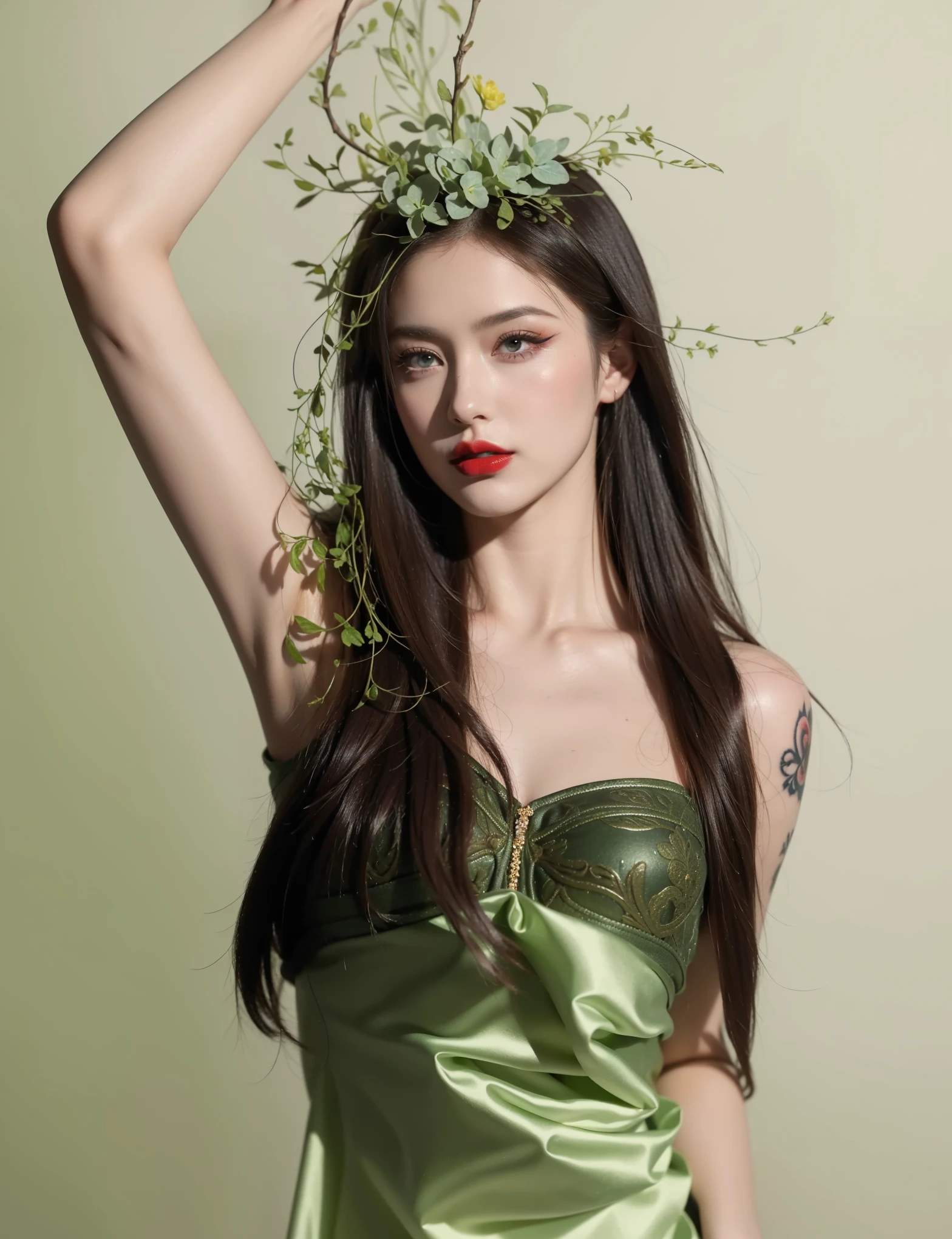 Royal princess,Extremely detailed, Delicate face, Stock Photography , Portrait 400, F1 Camera Lens.6, rich and colorful, Surrealism, Realistic textures, Dramatic Lighting, Thin Film Distiller 800 (8K, original photo, Better quality, masterpiece: 1.2), Extremely detailed, (Extremely delicate skin: 1.2), 8K ultra high definition, SLR camera, Soft Light, high quality.Fire Queen,Blue pupils,Wear red lipstick,Have a tattoo,The tattoo is very three-dimensional,Gorgeous and intricate tattoo designs,Dark eyeshadow,Sexy thick lips(Red lipstick),