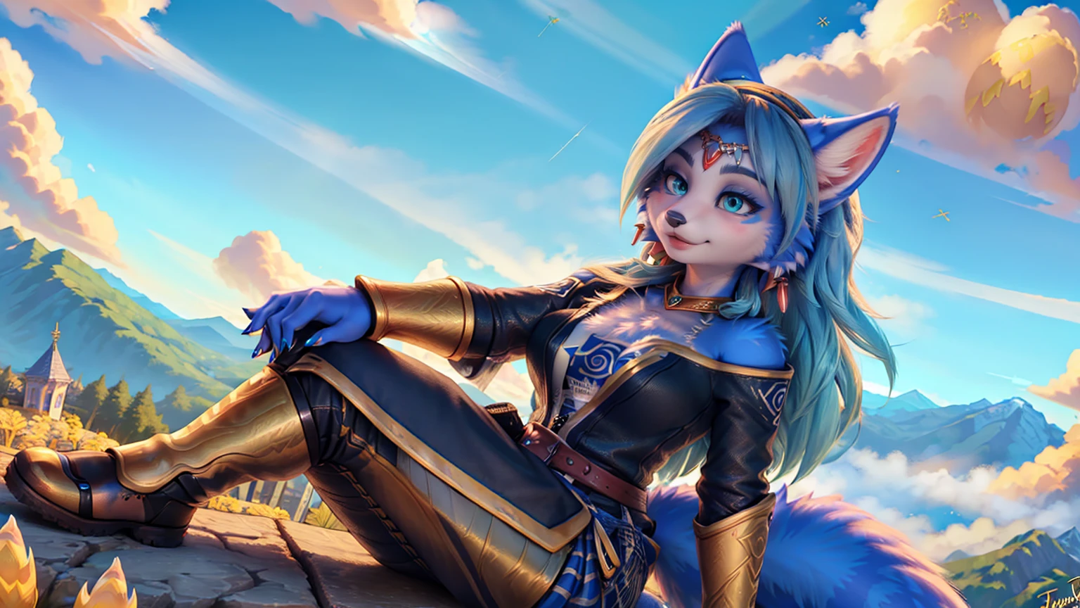 A beautiful and detailed (sweet picture) of ((Krystal)), Star Fox Krystal,  green eyes, medium breasts, (((Long blue hair 1.3))),  anthro, furry, (of Fluff-Kevlar, Bayard Wu, Personalami, Pino Daeni),  detailed fluffy fur, detailed face, (fluffy), 1 girl, alone, Haare bedecken ein Auge:1.4, (((geht über ein Feld mit hohem Gras :1.3))), (((schaut in den himmel:1.4))),