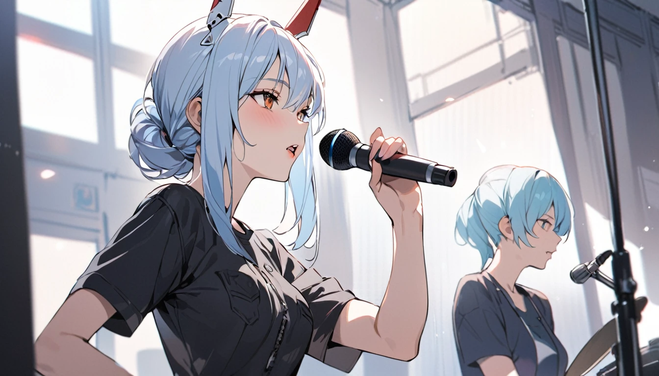 masterpiece, Awesome girl, Pale pink lips, Light blue hair,intellectual, Ayanami Rei,Singing,The clothes are cool,It&#39;s about to start moving,The background is amazing,Rei Ayanami,Live Performance Venues,intellectual,Mike stand,One girl
