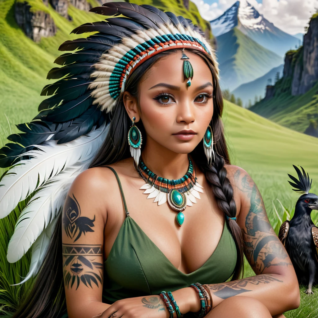 Realistic image of a woman, alone, with long hair, looking at the viewer, black hair, brown eyes, jewelry, braid, earrings, dark skin, necklace, mole, dark-skinned woman, lips, tattoo, feathers, headdress, facial tattoo, Native America, sitting on the green grass behind mountain with animals