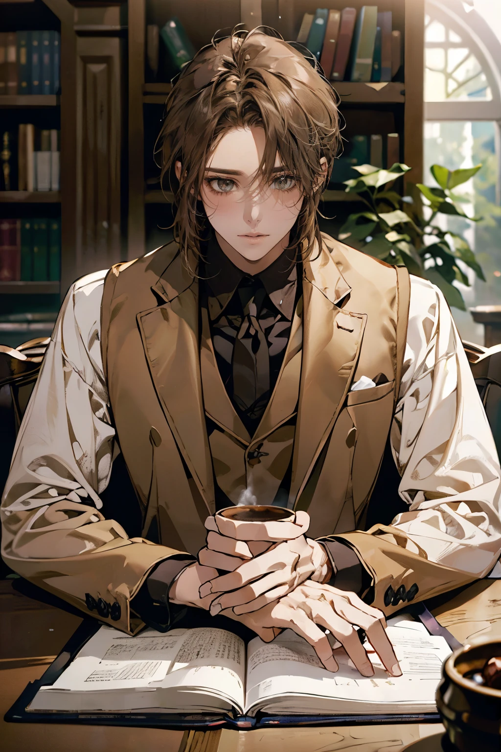 (Masterpiece artwork, high resolution, ultra detali:1.0), (1 young boy, young male), Eyes looking at the camera, perfect male body, extremely detailed CG, 8 k wallpaper, Complicated Details, just people, face detailed,(chestnut hair, eyes browns, white shirt, brown overcoat,brown suit vest, cups, shadowy face, Sit in front of the laptop, Behind her is a large bookshelf, sitting at the work table, I was in the workroom), Color difference, Depth of field, dramatic shadow, ray tracing, best qualityer, cinematic lighting, Dark lighting of the room, offcial art