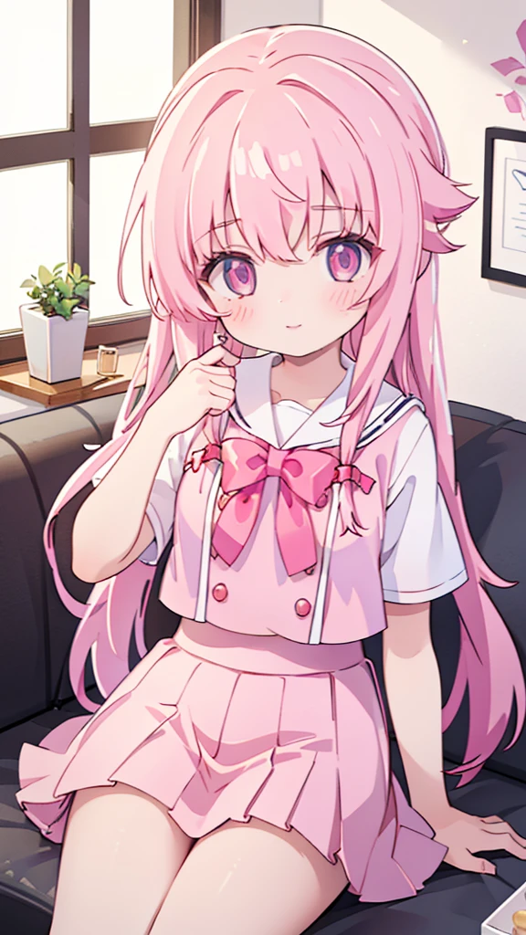 1girl,pink hair, pink eyes with love, detailed eyes, straight hair, straight bangs, shiny hair,
,red bowtie,purple skirt,purple shirt,pleated skirt,short sleeves,looking at the viewer, high-definition,masterpiece,best quality, masterpiece, best quality, high resolution, aabeta, double, sitting on a pink chair, slim waist, cute, sailor uniform, super close up selfie while hugging a white cat  (PastelColors: 1.3) pink and purple ice cream shop background