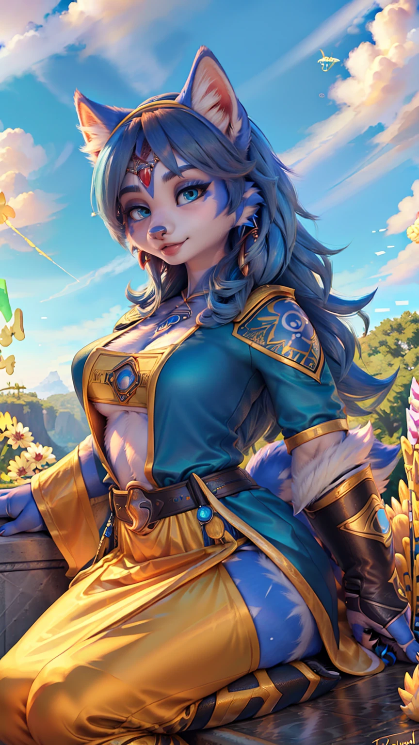 A beautiful and detailed (sweet picture) of ((Krystal)), Star Fox Krystal, green eyes, medium breasts, (((Long blue hair 1.3))), anthro, furry, (of Fluff-Kevlar, Bayard Wu, Personalami, Pino Daeni), detailed fluffy fur, detailed face, (fluffy), 1 girl, alone, Haare bedecken ein Auge:1.4, (((geht über ein Feld mit hohem Gras :1.3))), (((schaut in den himmel:1.4))),