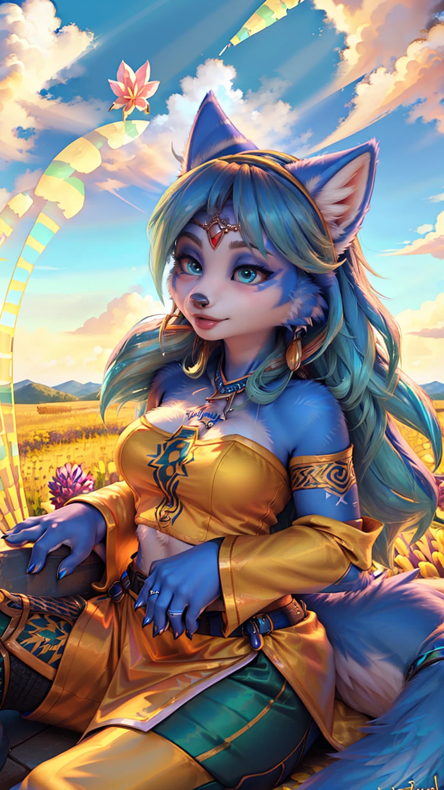 A beautiful and detailed (sweet picture) of ((Krystal)), Star Fox Krystal,  green eyes, medium breasts, (((Long blue hair 1.3))),  anthro, furry, (of Fluff-Kevlar, Bayard Wu, Personalami, Pino Daeni),  detailed fluffy fur, detailed face, (fluffy), 1 girl, alone, Haare bedecken ein Auge:1.4, (((geht über ein Feld mit hohem Gras :1.3))), (((schaut in den himmel:1.4))),