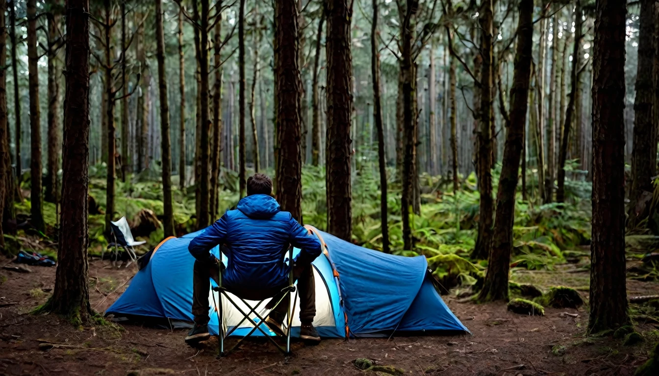 dark night, tense tent camping environment among the trees in the forest, man in blue jacket sitting on the chair, in the right corner of the screen, with his back to the camera