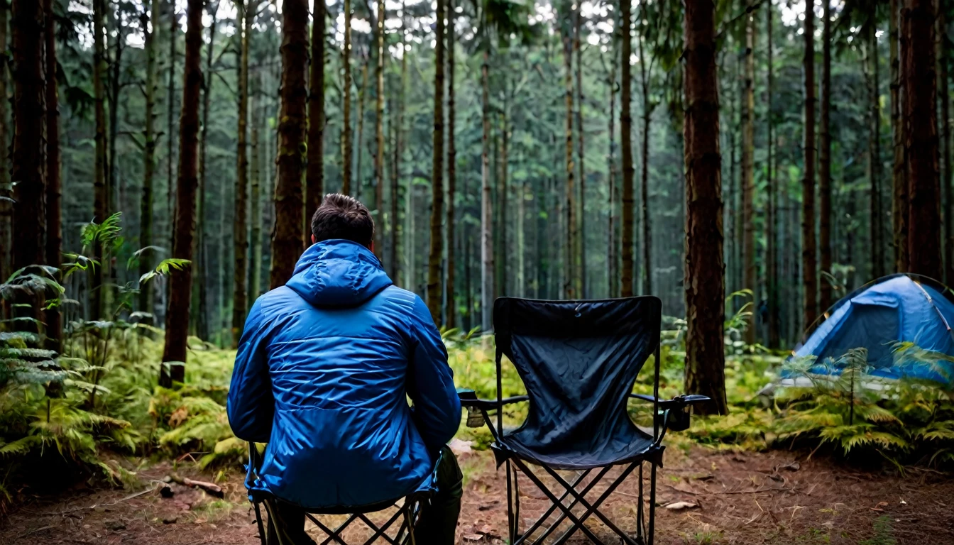 dark night, tense tent camping environment among the trees in the forest, man in blue jacket sitting on the chair, in the right corner of the screen, with his back to the camera