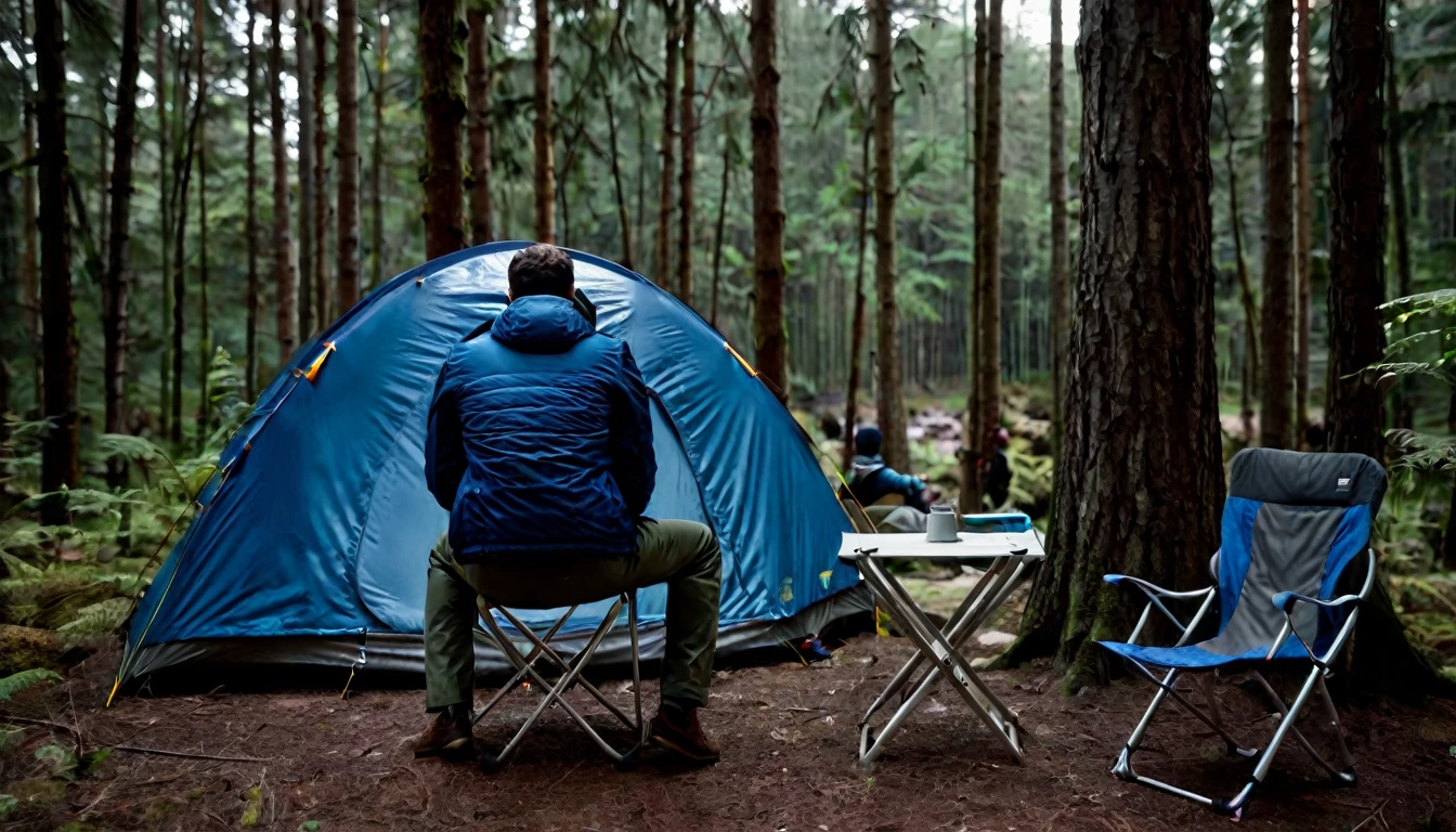 dark night, tense tent camping environment among the trees in the forest, man in blue jacket sitting on the chair, in the right corner of the screen, with his back to the camera