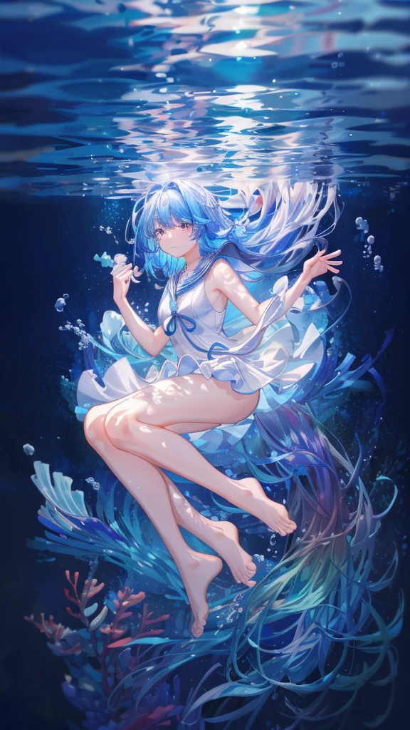 (Masseter Film、Highest quality、8k,、Detailed face and eyes、wonderful)、whole body、girl、seabed环境、Soft sunlight、Colorful tropical fish、Large sea turtle、Underwater Scene、aquatic environment、deep Underwater Scene、Underwater sea、water scenery、seabed, water scenery、Underwater background、Light in the water、Underwater Scenery、Reef、珊瑚seabed、Reef、swim、(Gradient Hair:1.5)、Sailor suit