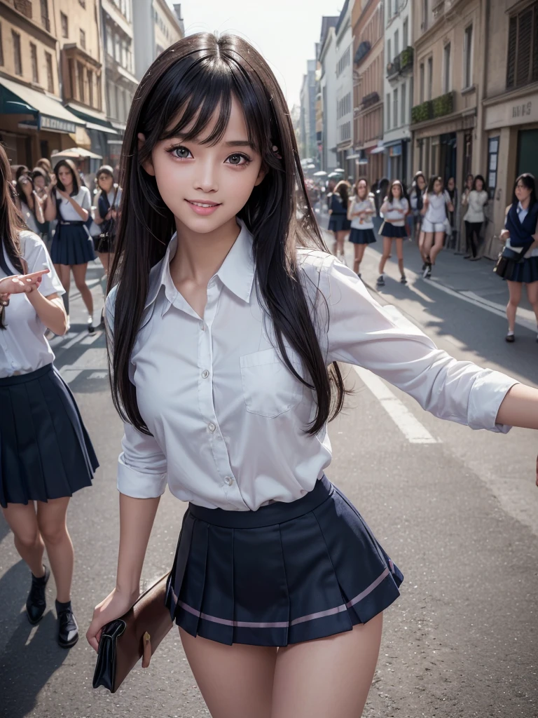 (8k, RAW Photos, Highest quality, masterpiece:1.2), (Realistic, photo-Realistic:1.4), (extremely detailed 8k wallpaper), ((Full Body Shot)), (((1 girl))), Sharp focus, Depth of written boundary, Cinematic lighting, Soft Light, (緻密な美しさのeye, eye_Chan, Very beautiful 17 year old girl, innocent big eyes, Realistic, photo Realistic, Highly detailed cute girl, (Thin thighs), (Model body type), (Black Hair), (Long Bob Hair), (Asymmetrical bangs), ((A happy smile)), Glowing Skin, Ultra-dense skin ,High resolution, High Detail, Detailed hairstyle, Detailed facial beauty, hyper Realistic, Perfect limbs, Perfect Anatomy, Perfect female body, (school uniform:1.3),(Mini Skirt Navy blue checked micro mini skirt), Watching the audience, (Crowded city street:1.3)
