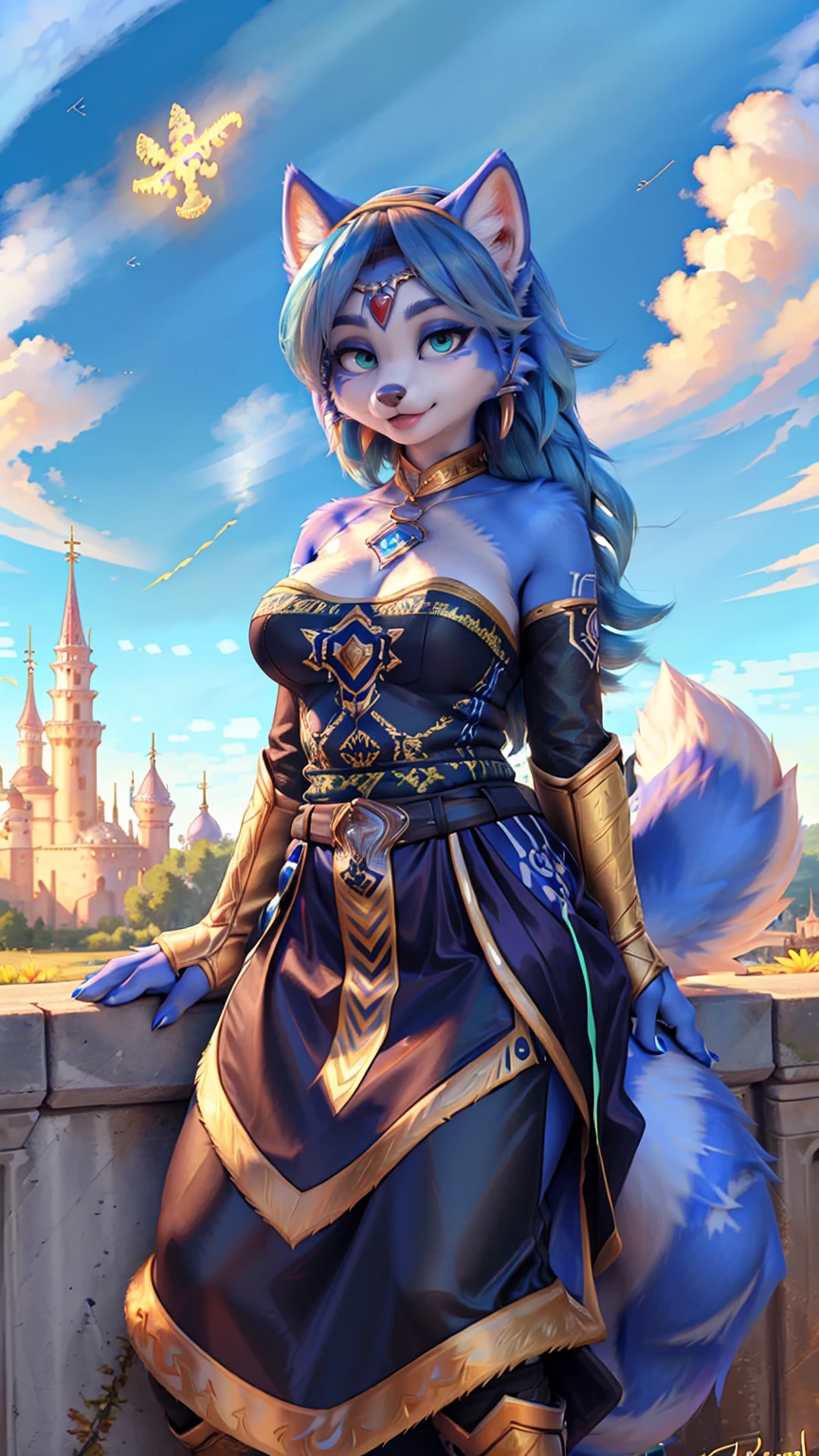 A beautiful and detailed (sweet picture) of ((Krystal)), Star Fox Krystal,  green eyes, medium breasts, (((Long blue hair 1.3))),  anthro, furry, (of Fluff-Kevlar, Bayard Wu, Personalami, Pino Daeni),  detailed fluffy fur, detailed face, (fluffy), 1 girl, alone, Haare bedecken ein Auge:1.4, (((geht über ein Feld mit hohem Gras :1.3))), (((schaut in den himmel:1.4))),