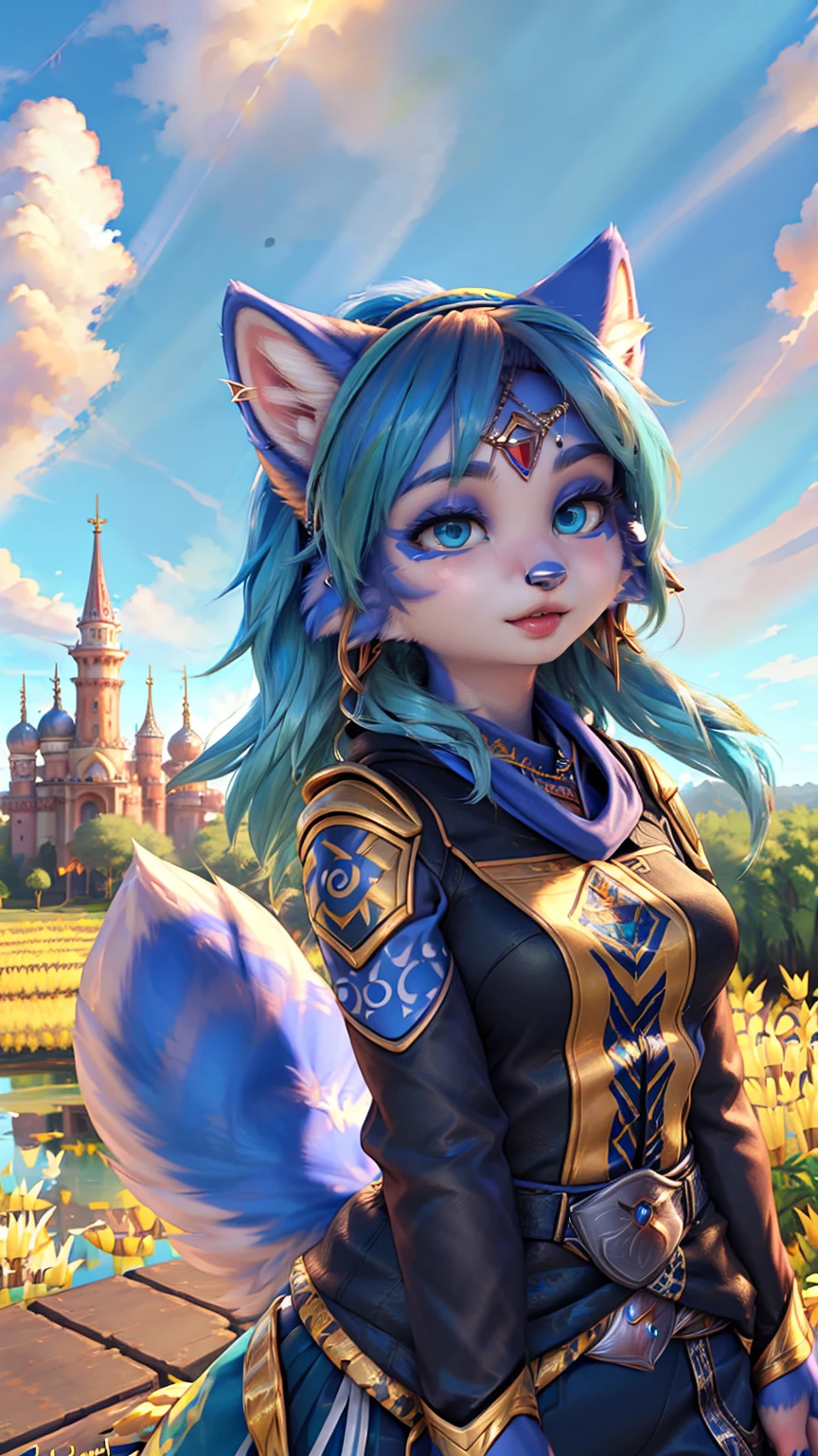 A beautiful and detailed (sweet picture) of ((Krystal)), Star Fox Krystal,  green eyes, medium breasts, (((Long blue hair 1.3))),  anthro, furry, (of Fluff-Kevlar, Bayard Wu, Personalami, Pino Daeni),  detailed fluffy fur, detailed face, (fluffy), 1 girl, alone, Haare bedecken ein Auge:1.4, (((geht über ein Feld mit hohem Gras :1.3))), (((schaut in den himmel:1.4))),