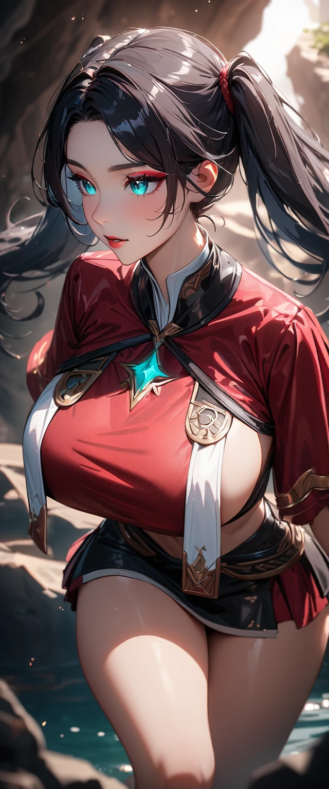 Photo of a woman with natural skin, Upper Body, Seaside cave, The light is shining in, High Twintails, Black hair with red mesh, Sharp eyes with red eyeshadow, Blue-green eyes, Shining eyes, A thin, upturned nose, Well-shaped lips, Big Breasts, ((Breast Curtain, mini skirt, Thighs)), Makeup, Exquisitely crafted with the utmost attention to detail, Vibrant, amazing, Smooth, Cinematic, 4K, Backlight, (()), Shallow depth of field, ((Detailed eyes:1.3, Detailed lips:1.3, high quality, )), masterpiece, Super detailed images, High quality