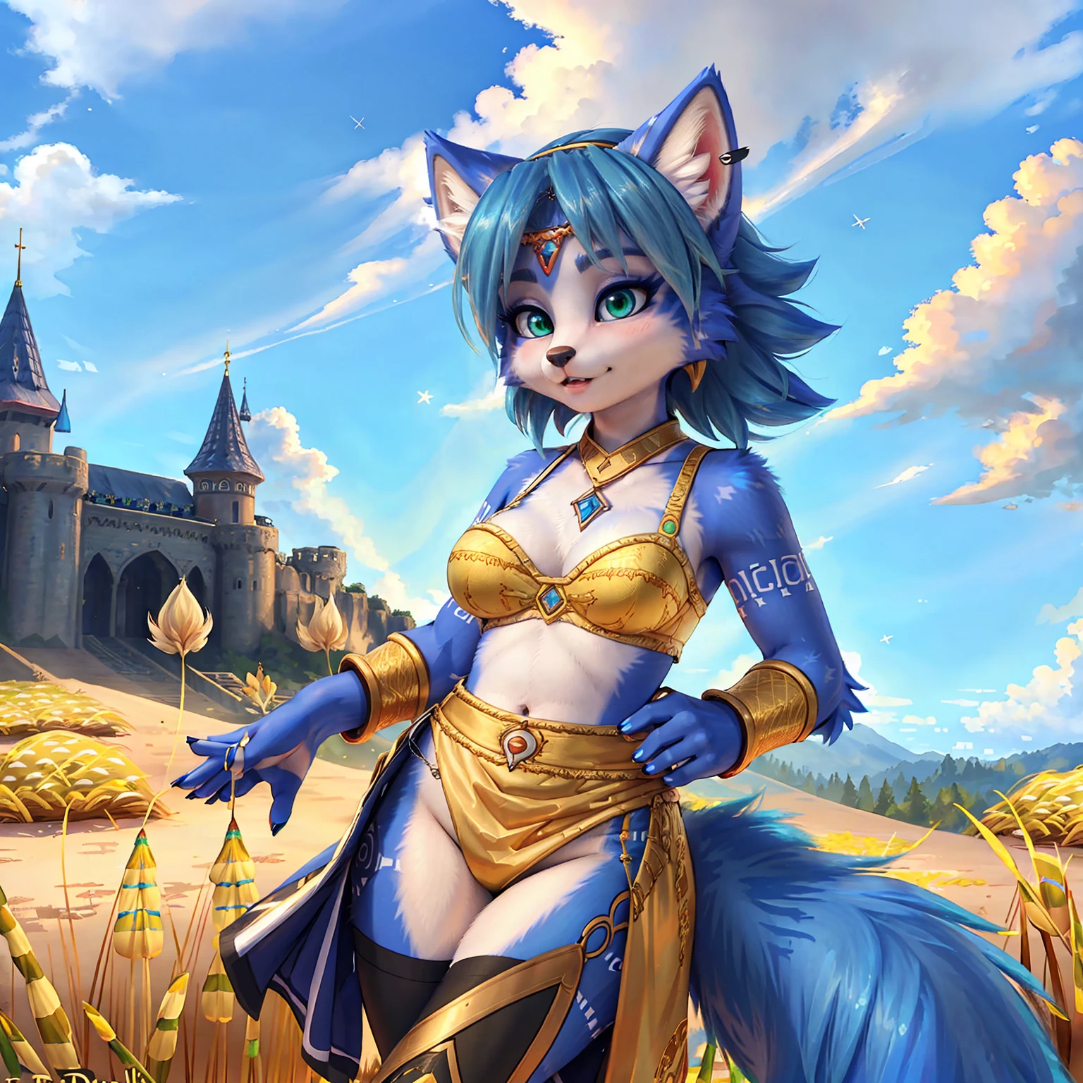 A beautiful and detailed (sweet picture) of ((Krystal)), Star Fox Krystal,  green eyes, medium breasts, (((Long blue hair 1.3))),  anthro, furry, (of Fluff-Kevlar, Bayard Wu, Personalami, Pino Daeni),  detailed fluffy fur, detailed face, (fluffy), 1 girl, alone, Haare bedecken ein Auge:1.4, (((geht über ein Feld mit hohem Gras :1.3))), (((schaut in den himmel:1.4))),