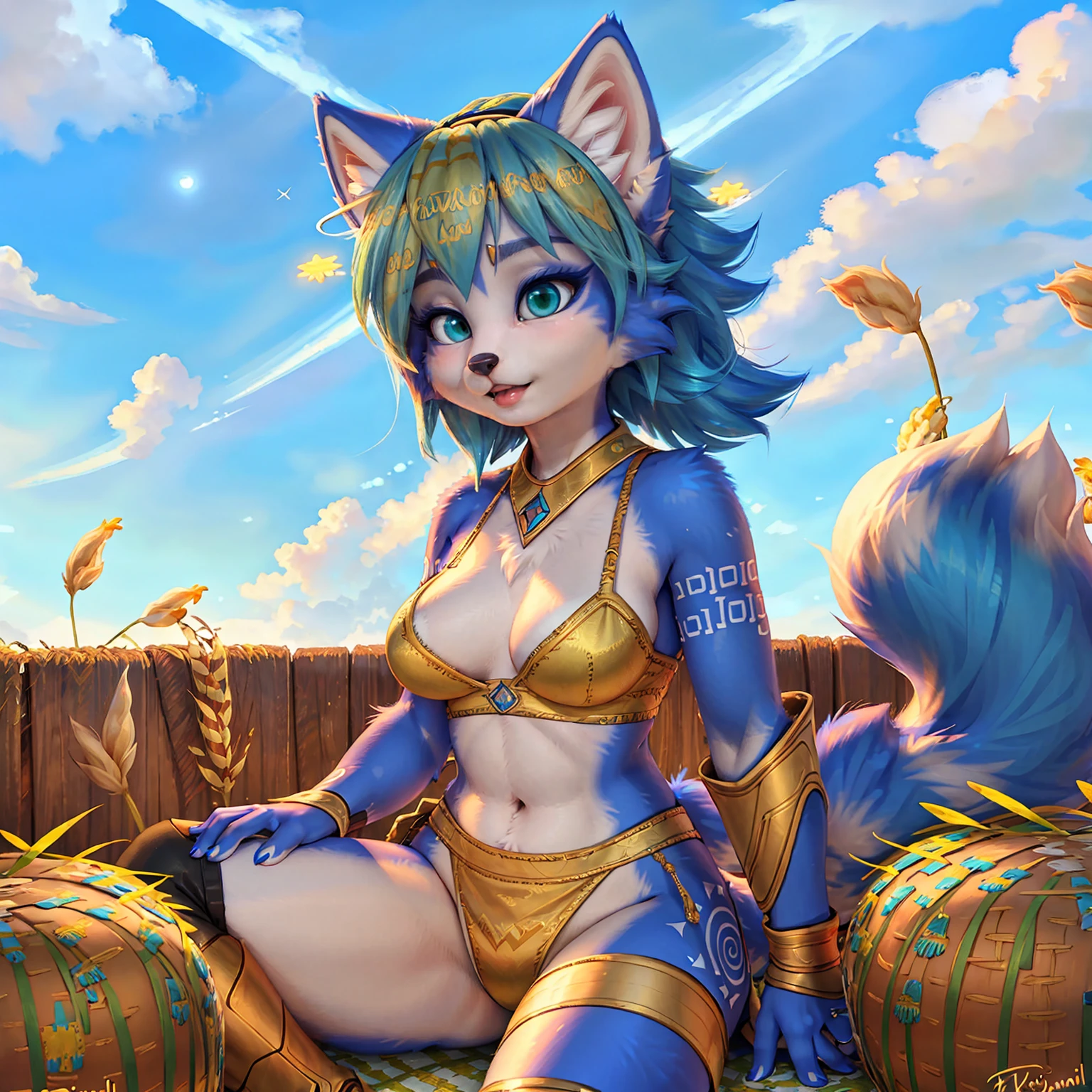 A beautiful and detailed (sweet picture) of ((Krystal)), Star Fox Krystal,  green eyes, medium breasts, (((Long blue hair 1.3))),  anthro, furry, (of Fluff-Kevlar, Bayard Wu, Personalami, Pino Daeni),  detailed fluffy fur, detailed face, (fluffy), 1 girl, alone, Haare bedecken ein Auge:1.4, (((geht über ein Feld mit hohem Gras :1.3))), (((schaut in den himmel:1.4))),