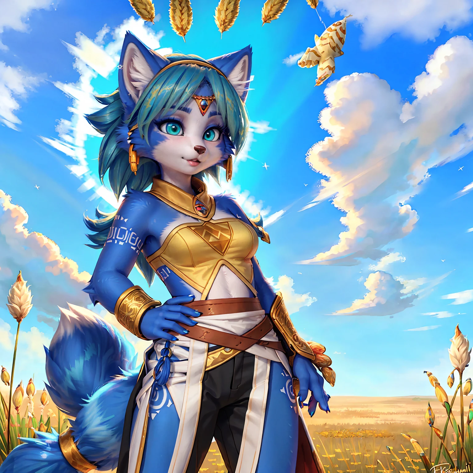 A beautiful and detailed (sweet picture) of ((Krystal)), Star Fox Krystal,  green eyes, medium breasts, (((Long blue hair 1.3))),  anthro, furry, (of Fluff-Kevlar, Bayard Wu, Personalami, Pino Daeni),  detailed fluffy fur, detailed face, (fluffy), 1 girl, alone, Haare bedecken ein Auge:1.4, (((geht über ein Feld mit hohem Gras :1.3))), (((schaut in den himmel:1.4))),