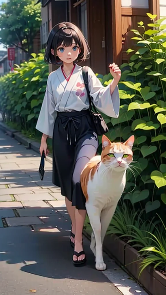 (masterpiece),(Highest quality),(Very detailed),(High resolution),((Line art)),((watercolor)),8K,wallpaper,A very detailed drawing of a calico cat、Insane Details、Very detailed猫、Blue Eyed Cat、A calico cat strolling around as if it owns the place、Calico cat walking on the promenade、Old townscape of Japan、A path lined with plants、Different world、The Creation of Silence、(((Long Shot、The subject is small:1.37)))、